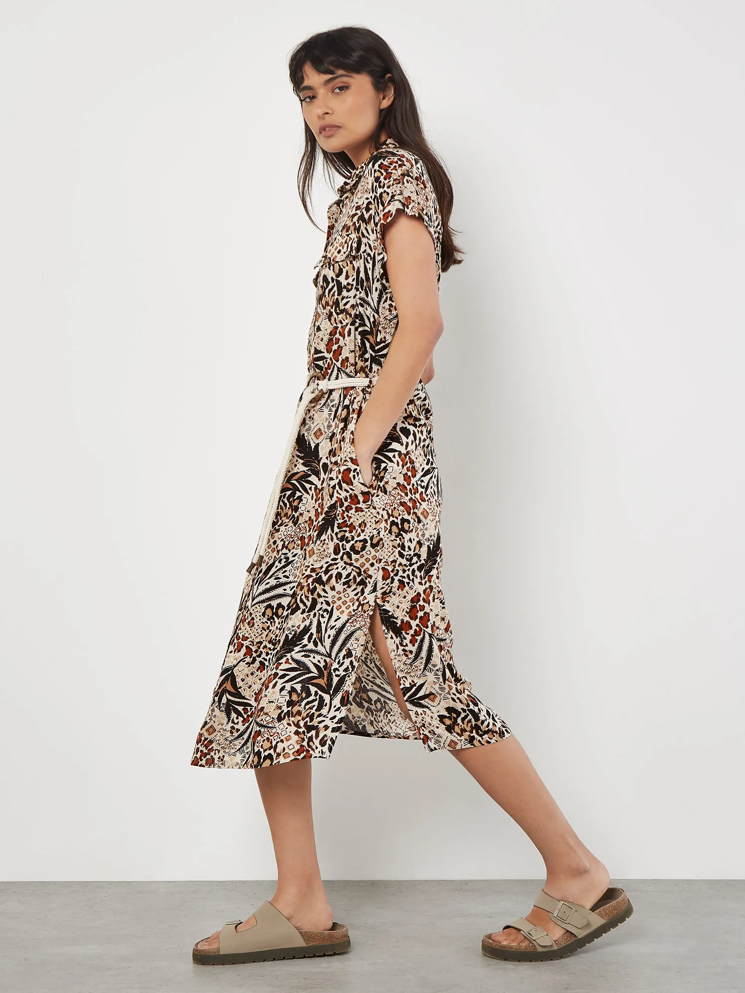 Mixed Animal Print Shirt Midi Dress | Apricot Clothing