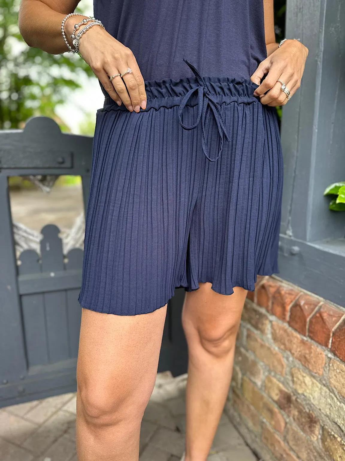 Navy Pleated Shorts