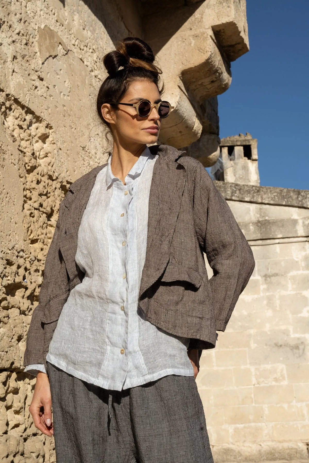 OXFORD JACKET - linen Brown Houndstooth