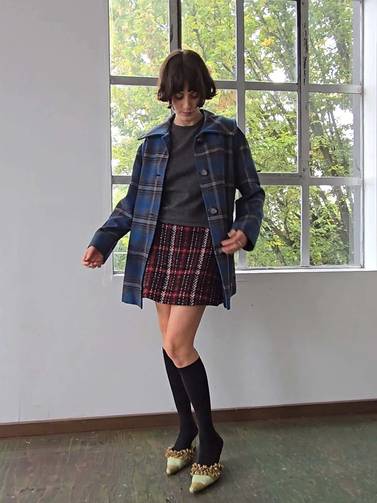 Pendleton Collared Plaid Coat - Blue/Grey