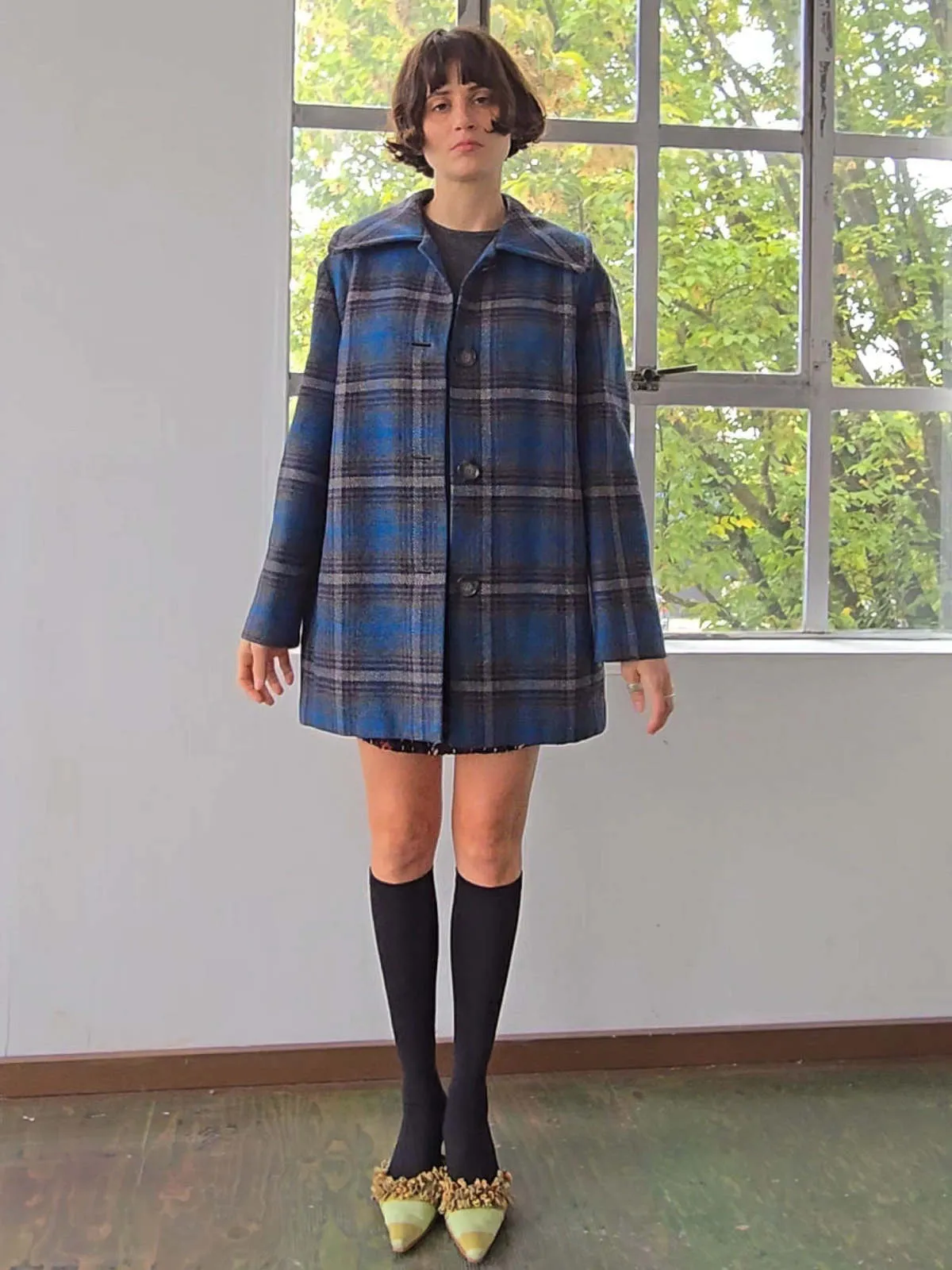 Pendleton Collared Plaid Coat - Blue/Grey