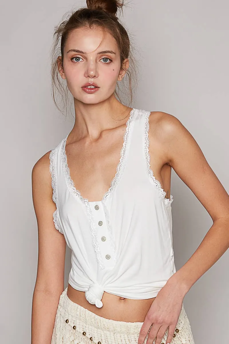 Pol Clothing - Scoop neck sleevleess lace trim back open knit top: EGG SHELL / L