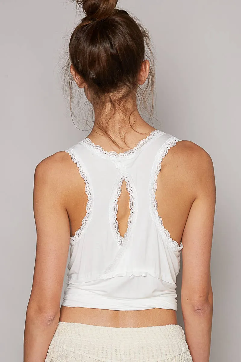 Pol Clothing - Scoop neck sleevleess lace trim back open knit top: EGG SHELL / L