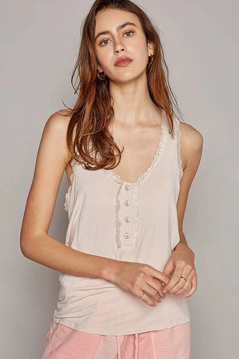 Pol Clothing - Scoop neck sleevleess lace trim back open knit top: EGG SHELL / L