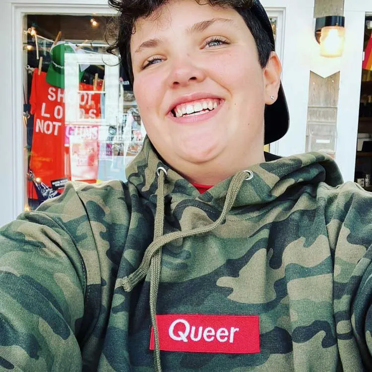 Queer Pullover Camo Hooded Sweatshirt supporting The Trevor Project