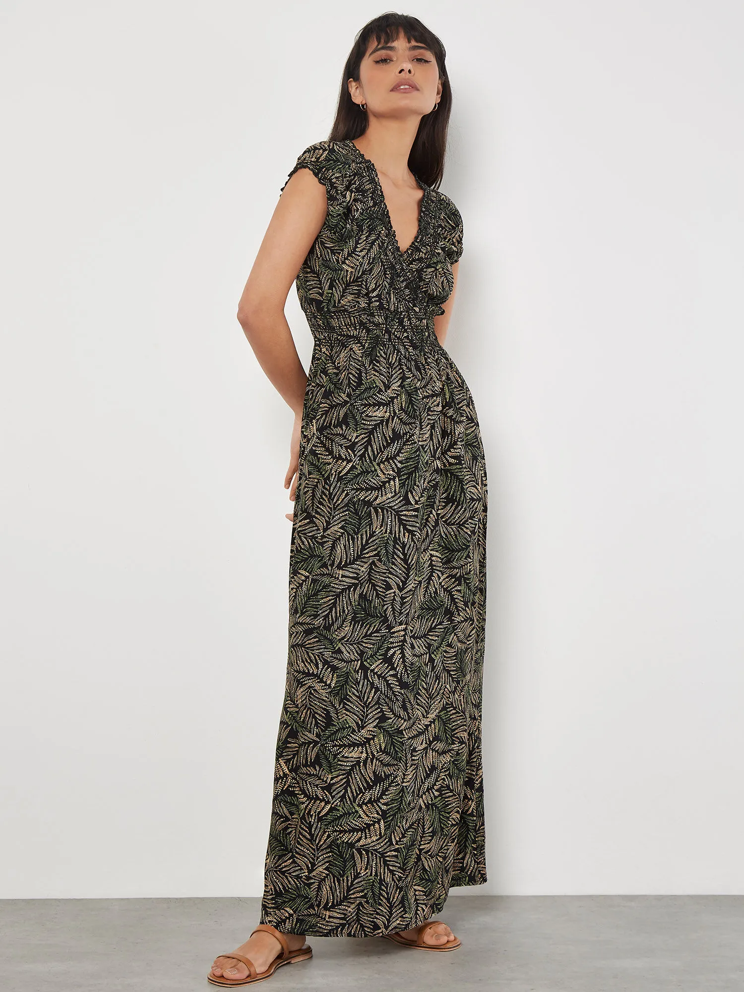 Rustic Leaf Print Smocked Maxi Dress | Apricot Clothing