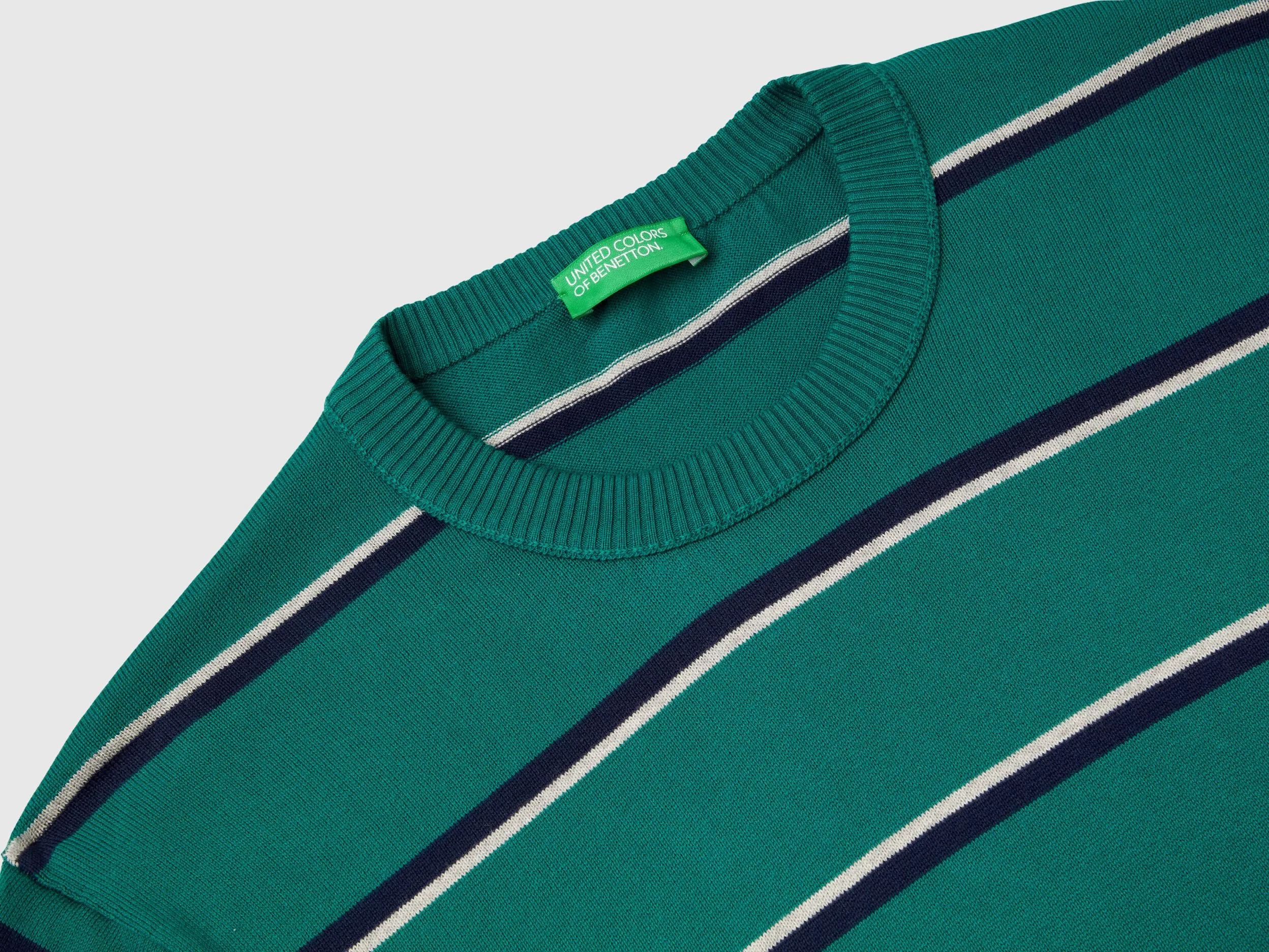 Striped 100% cotton sweater - Dark Green | Benetton