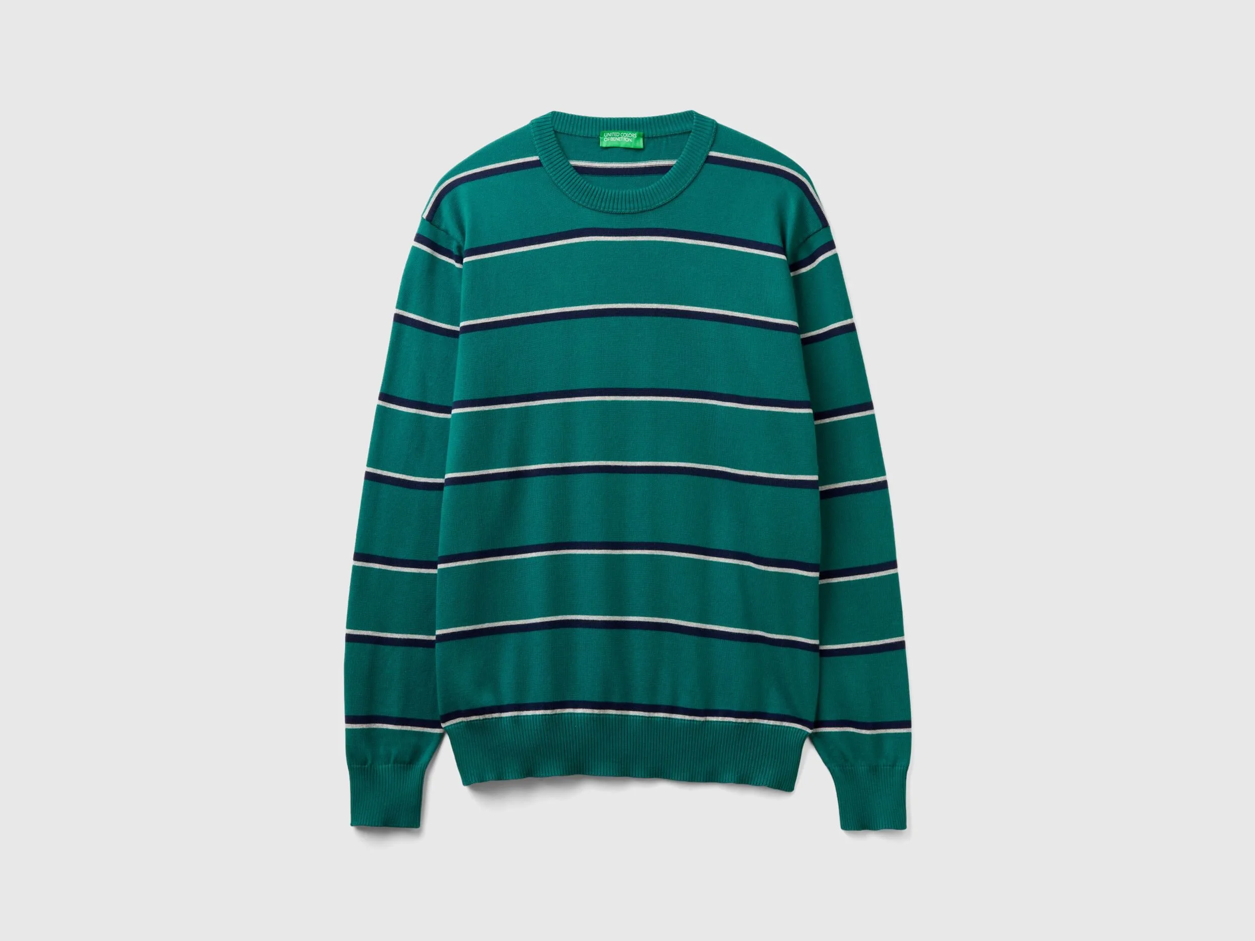 Striped 100% cotton sweater - Dark Green | Benetton