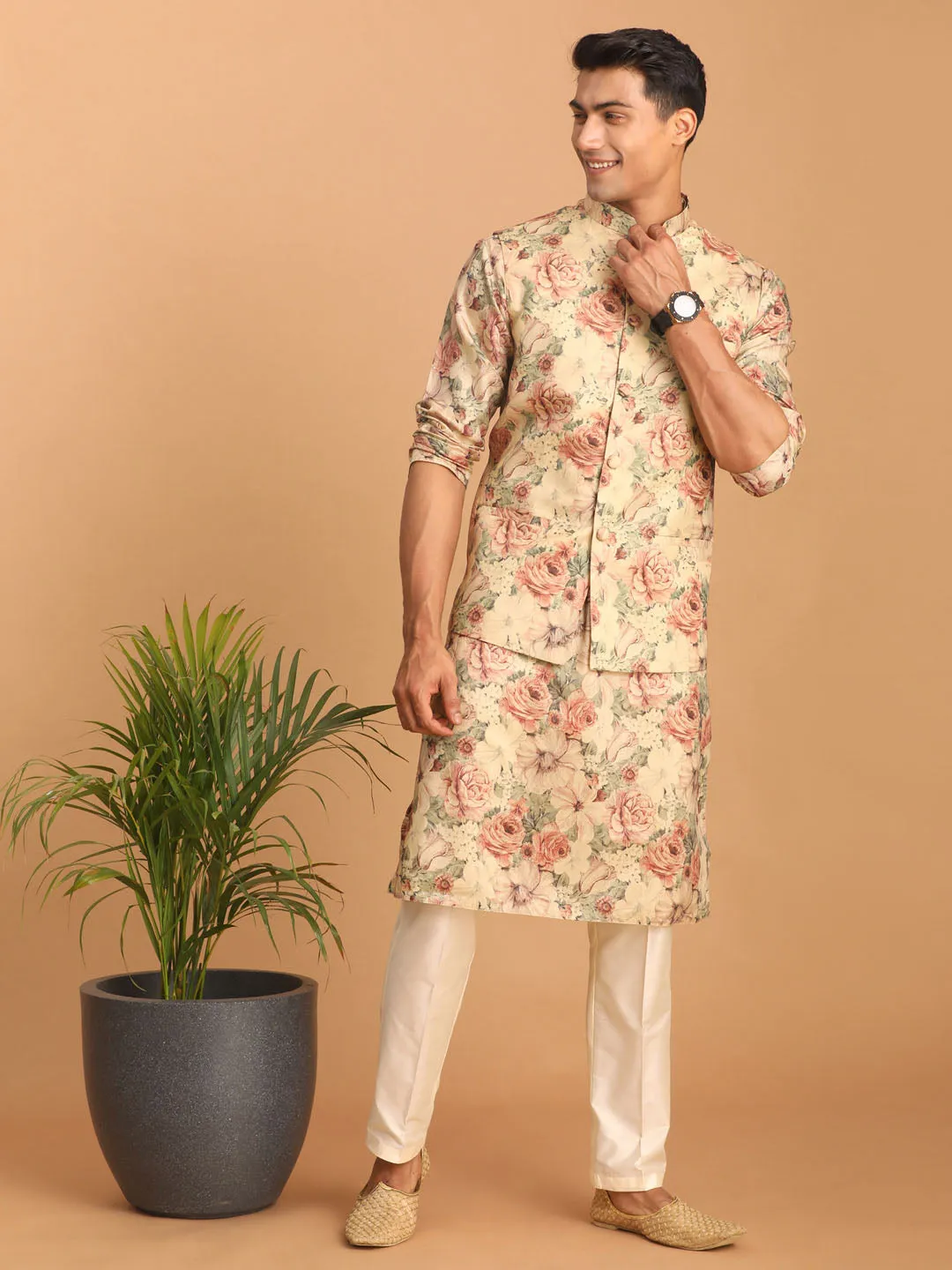 VASTRAMAY Beige Printed Nehru Jacket And kurta With Cream Solid Viscose Pant Set