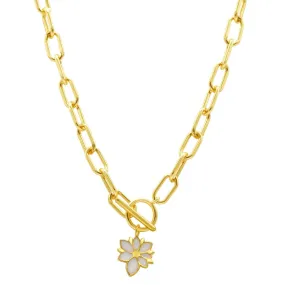 White Mother of Pearl Flower Toggle Paper Clip Necklace gold