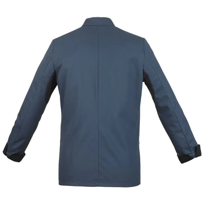 Women's Ocean Blue Long Sleeve Kitchen Coat with Black Piping Escale- ROBUR