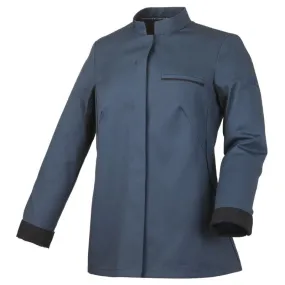 Women's Ocean Blue Long Sleeve Kitchen Coat with Black Piping Escale- ROBUR