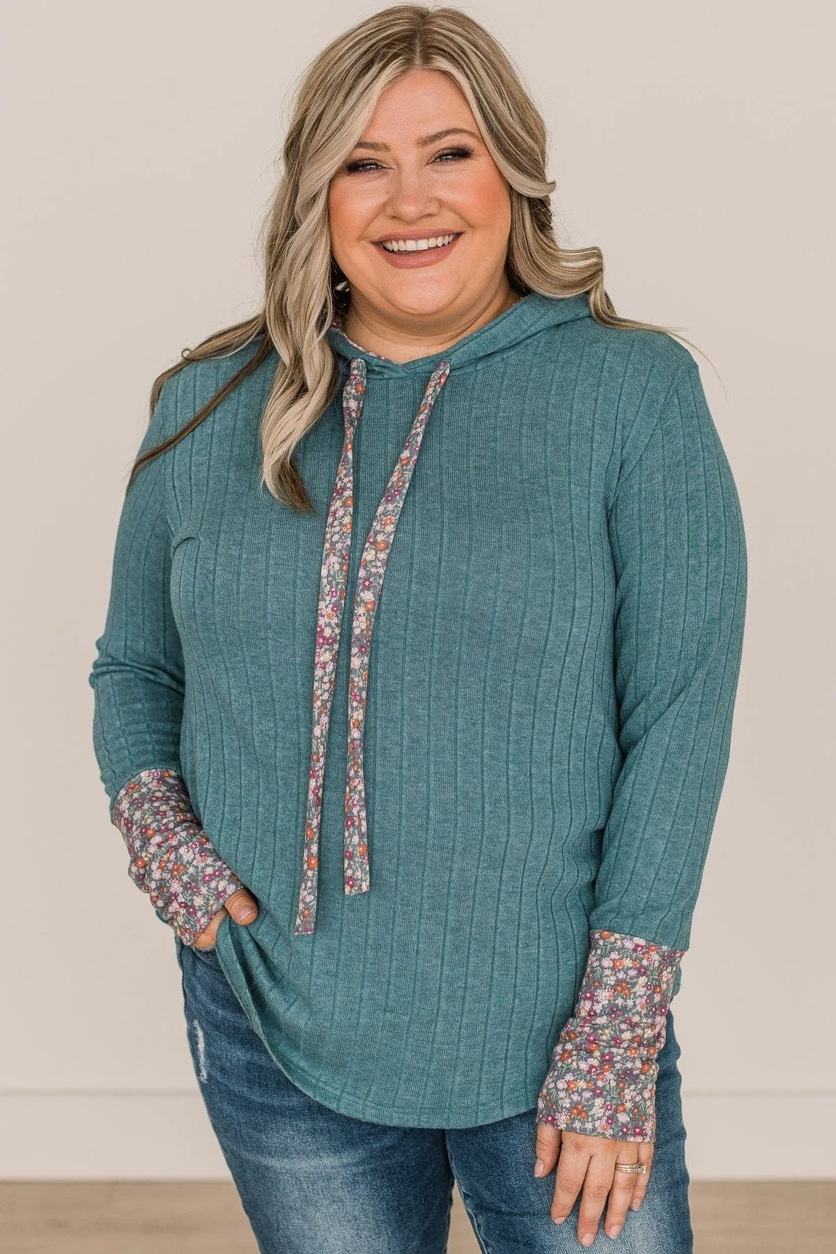 You've Got It Hooded Knit Top- Dusty Teal