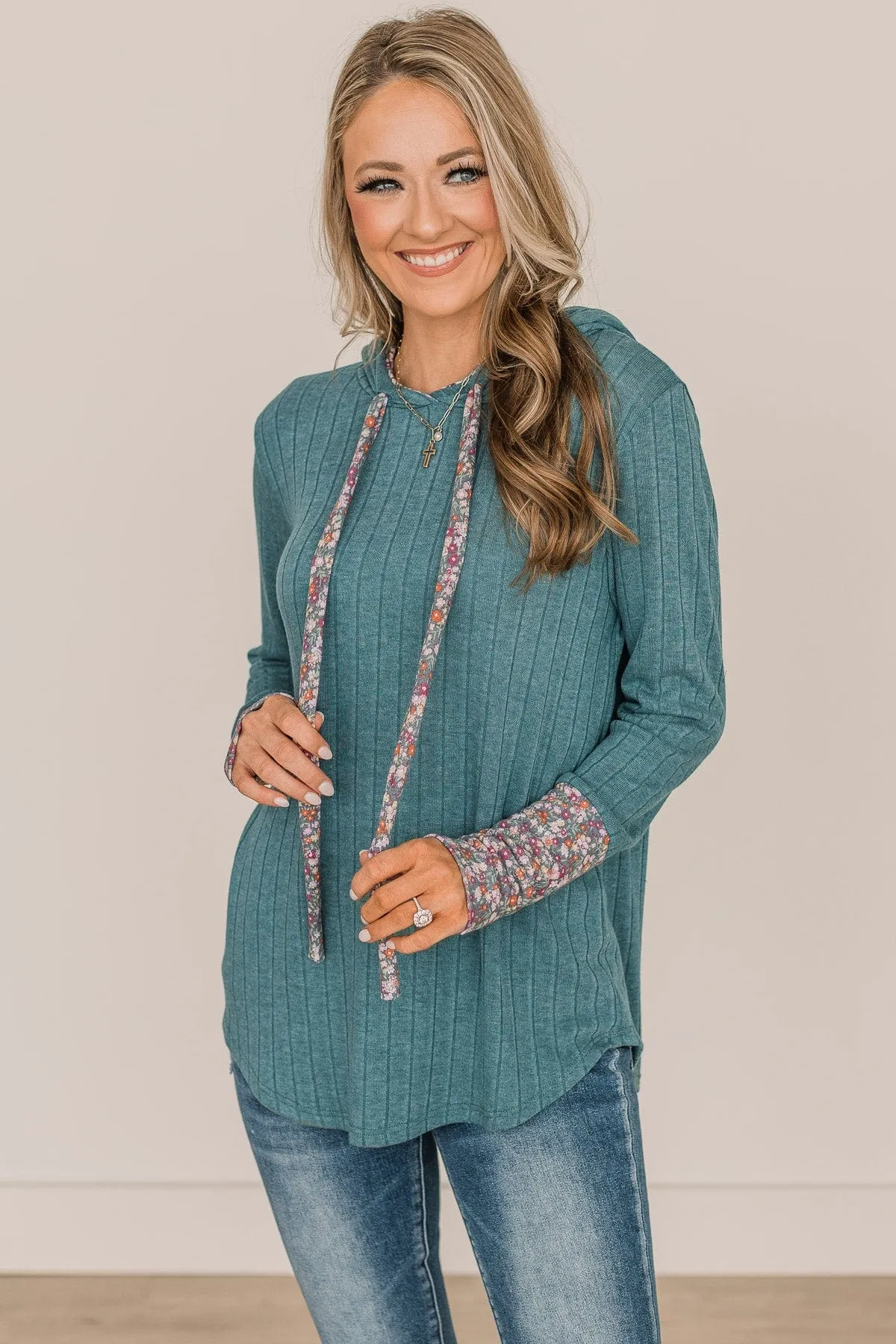 You've Got It Hooded Knit Top- Dusty Teal