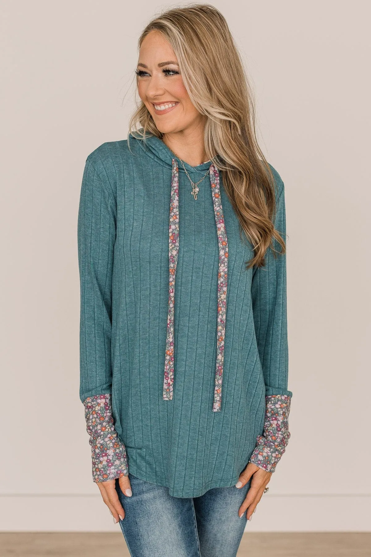 You've Got It Hooded Knit Top- Dusty Teal