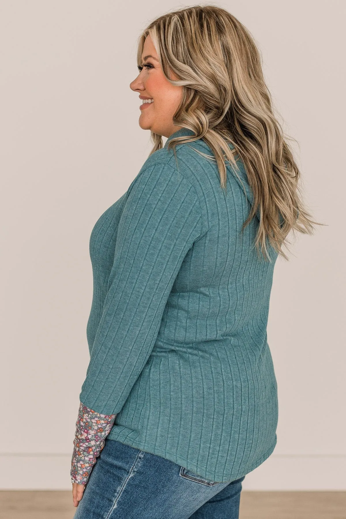 You've Got It Hooded Knit Top- Dusty Teal