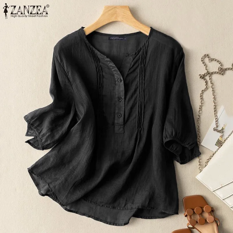 ZANZEA Women Blouse Summer Short Sleeve Shirts Elegant Solid Cotton Tops Tees Kimono Casual Loose Holiday Blusa Chemise Oversize