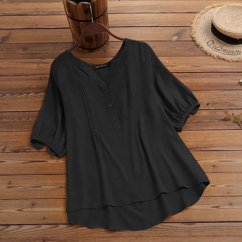 ZANZEA Women Blouse Summer Short Sleeve Shirts Elegant Solid Cotton Tops Tees Kimono Casual Loose Holiday Blusa Chemise Oversize