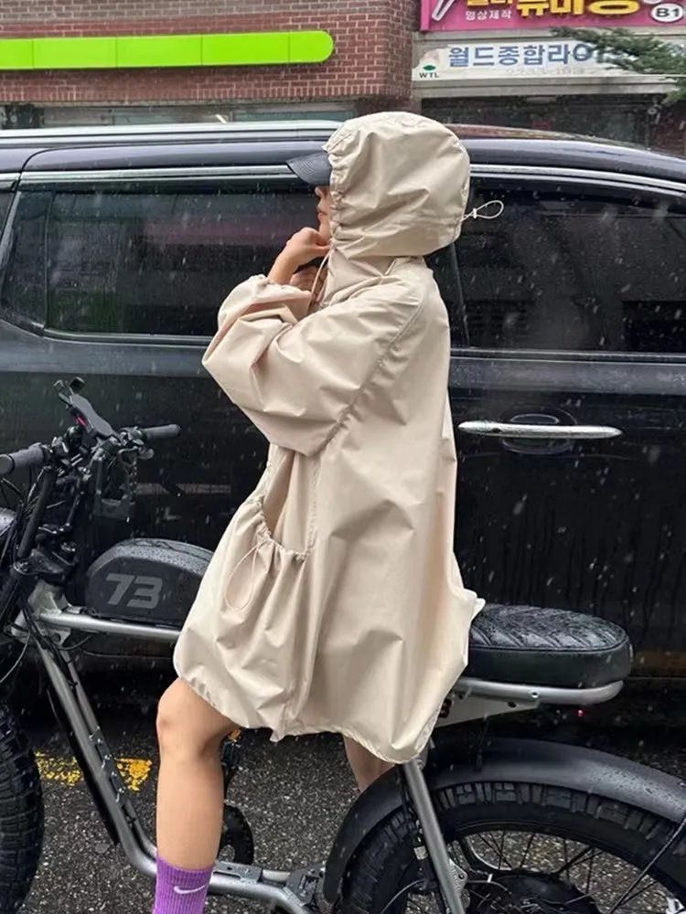 Zippered Large Pocket Hooded Trench Coat