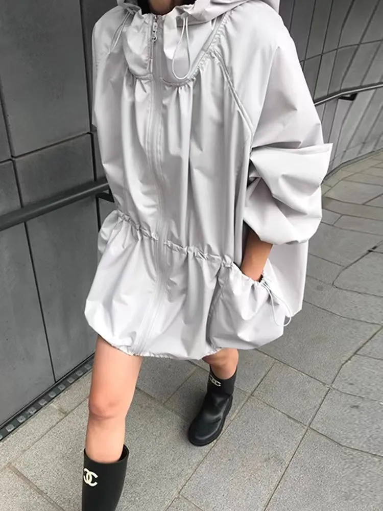 Zippered Large Pocket Hooded Trench Coat